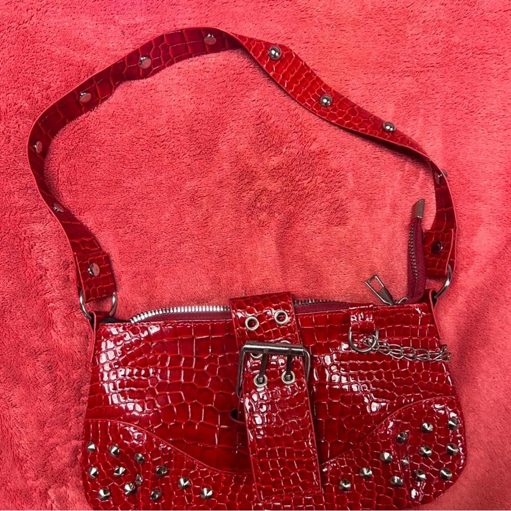 Red Croc-Embossed Studded Shoulder Bag